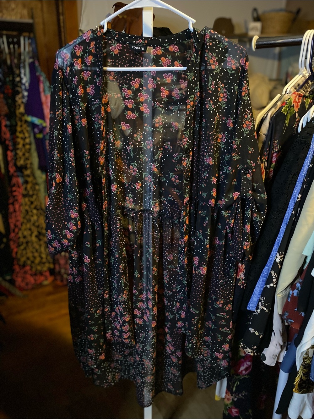 torrid Black Sheer Floral sheer button down high low Kimono